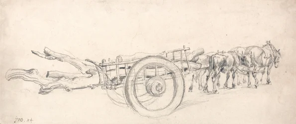 Ein Holzfuhrwerk beladen mit Baumstämmen, gezogen von einem Pferde- und einem Ochsenpaar